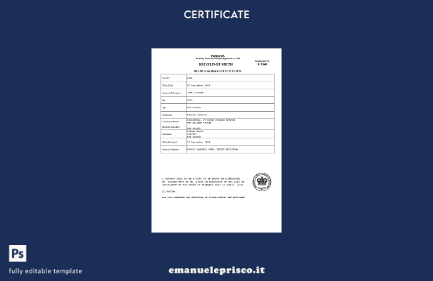modello di certificato di morte Australia Tasmania in stile verificato nel model
